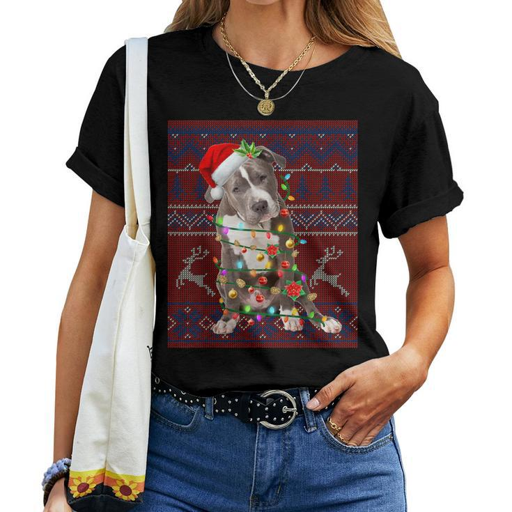Santa Pitbull Christmas Tree Lights Ugly Sweater Pajama Women T-shirt
