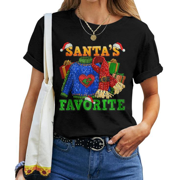 Santa's Favorite Ugly Christmas Sweaters And Scarf Santa Hat Women T-shirt