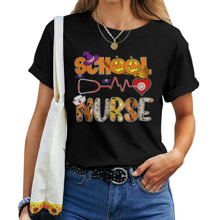 School Nurse Halloween With Pumpkin Witch Hat Women T-shirt