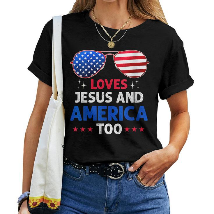 She Loves Jesus And America Too 4Th Of July Retro Usa Flag Usa Women T-shirt