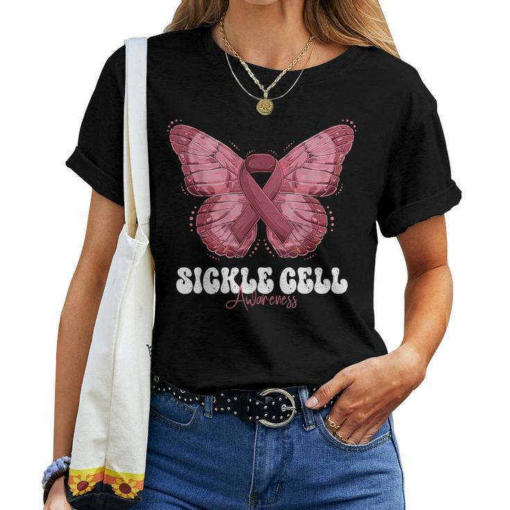 Sickle Cell Awareness Month Burgundy Ribbon Butterfly Women T-shirt