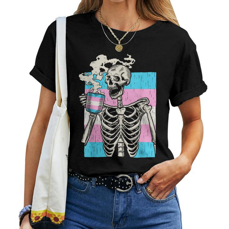 Skeleton Drinking Coffee Lgbt-Q Transgender Pride Trans Flag Women T-shirt