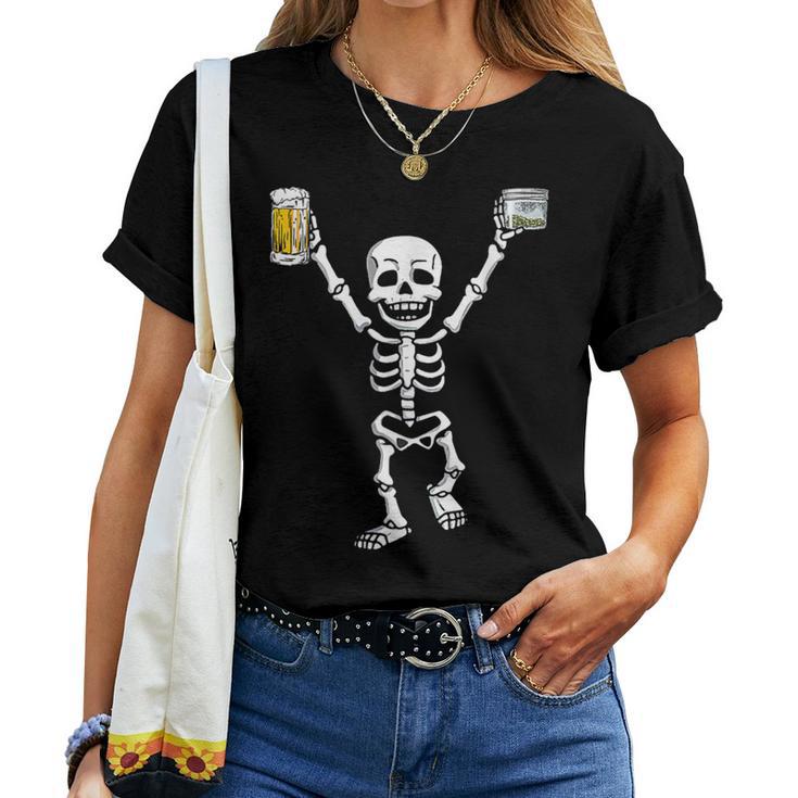 Skeleton Drinking Beer Halloween Party Women T-shirt