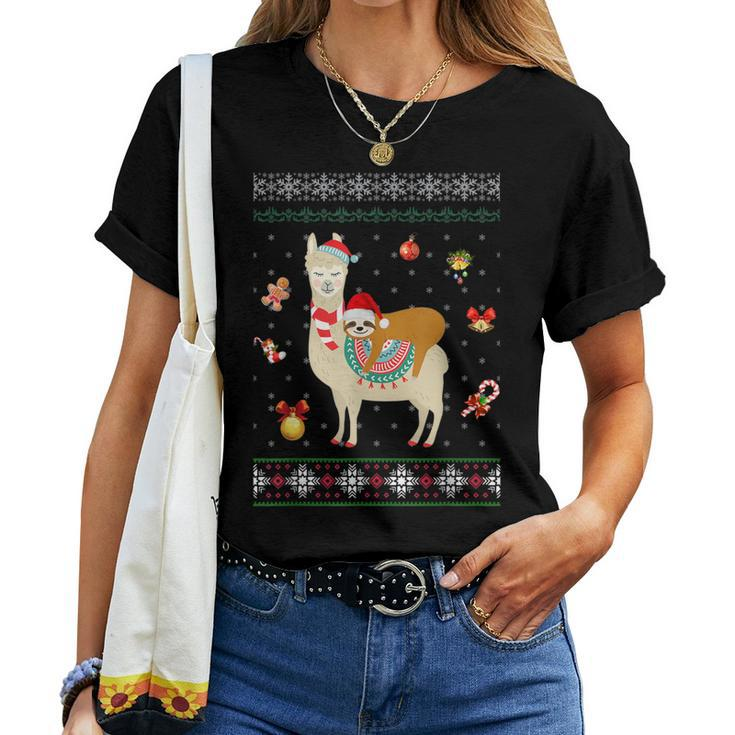 Sloth Riding Llama Christmas Scarf Santa Hat Ugly Sweater Women T-shirt