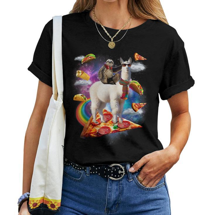 Sloth Riding Llama  - Galaxy Pizza Taco Burrito Gift  Women T-shirt Crewneck Short Sleeve Graphic
