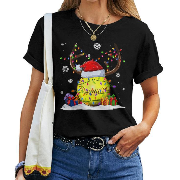 Softball Lovers Reindeer Santa Hat Ugly Christmas Sweater Women T-shirt