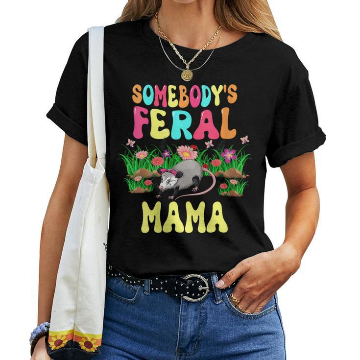 Somebodys Feral Mama Cute Opossum Bow Tie Flowers Animal For Mama Women T-shirt