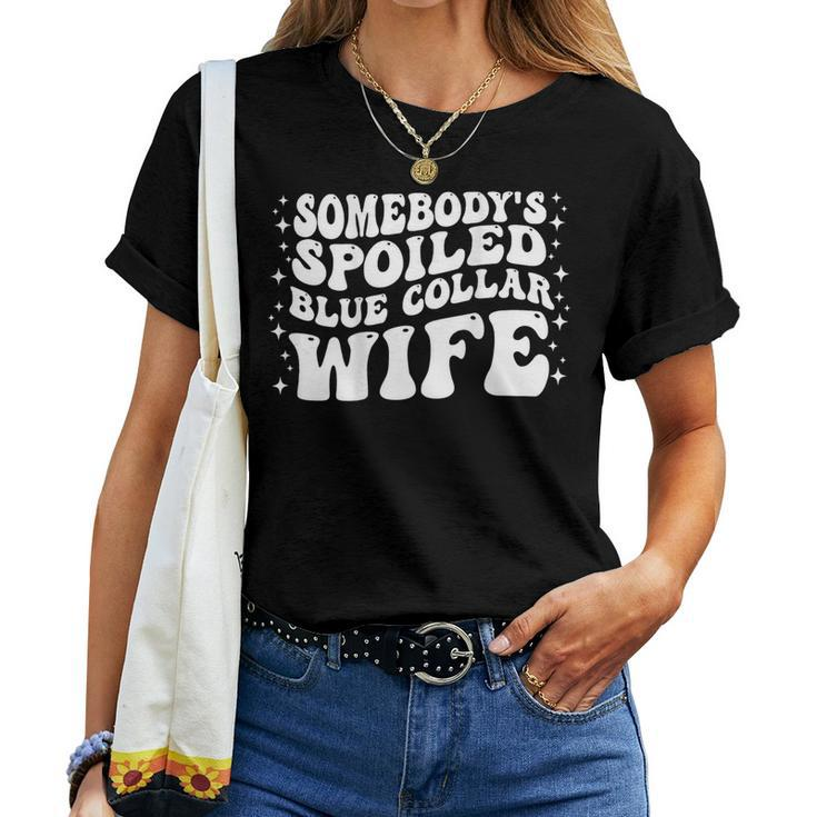 Somebodys Spoiled Blue Collar Wife Groovy Mothers Day  Women T-shirt Short Sleeve Graphic