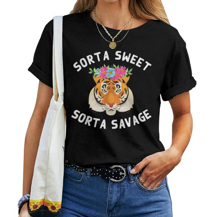 Sorta Sweet Sorta Savage Tiger Flower Crown Floral Animal Women T-shirt