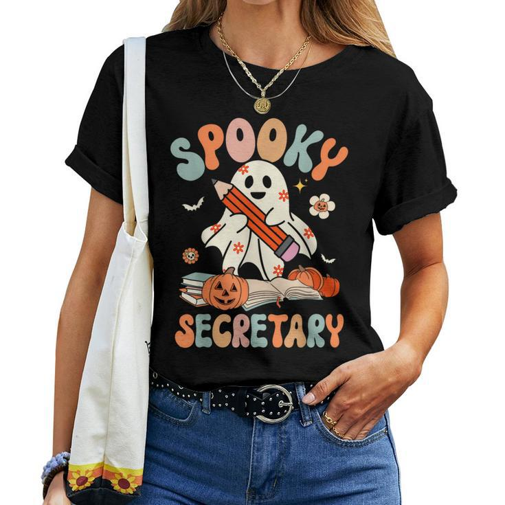 Spooky School Secretary Groovy Halloween Floral Ghost Women T-shirt