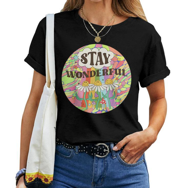 Stay Wonderful Retro Daisy Rainbow Aesthetic Inspirational Women T-shirt