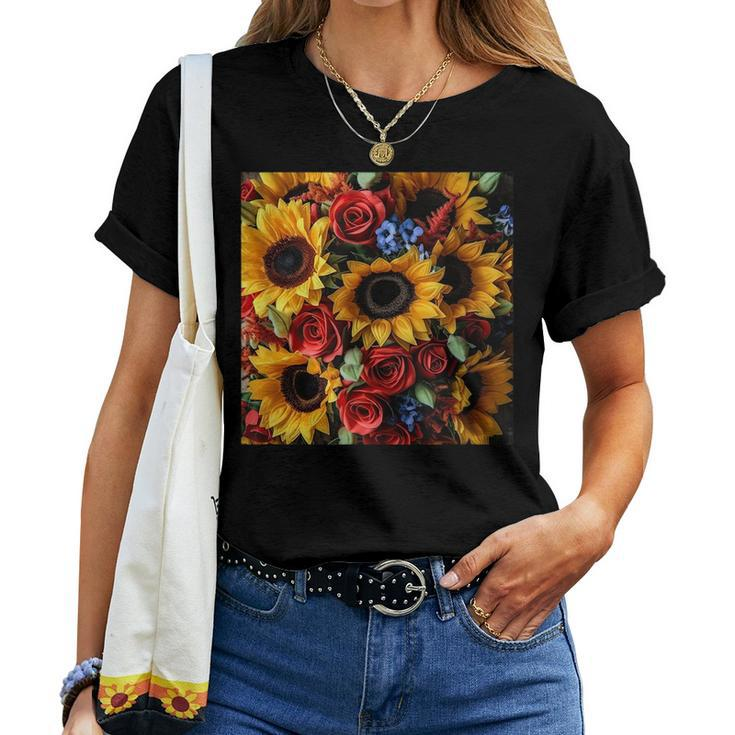 Sunflower And Rose Red Yellow Floral Pattern Women T-shirt