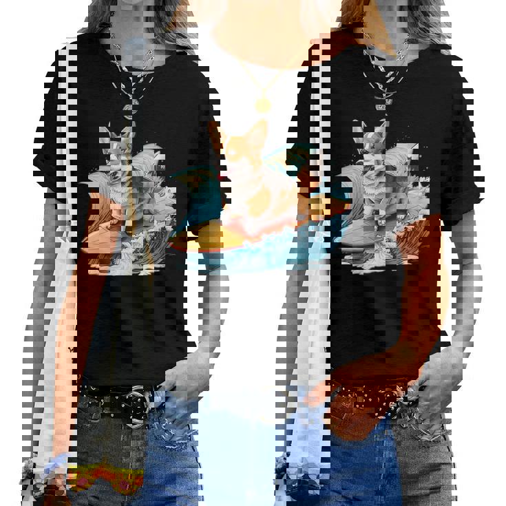 Surfing Corgi On A Surfboard On A Wave Surf Beach Women T-shirt