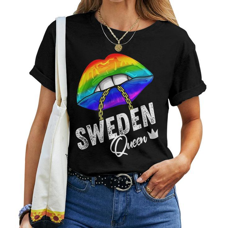 Sweden Queen Lgbtq Gay Pride Flag Lips Rainbow Swedish Women T-shirt Crewneck