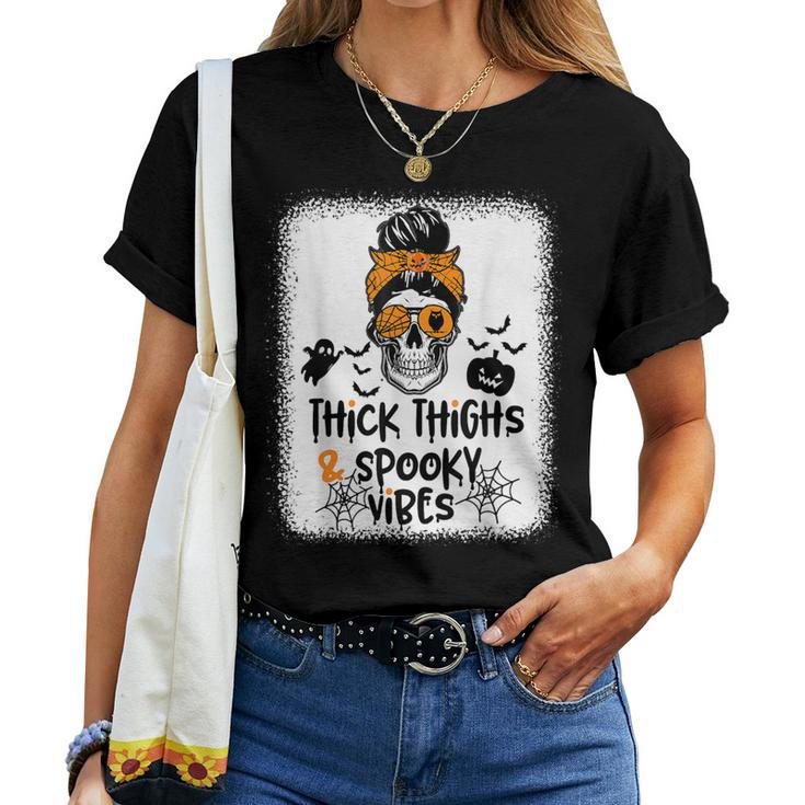 Thick Thighs And Spooky Vibes Messy Bun Girl Halloween Women T-shirt