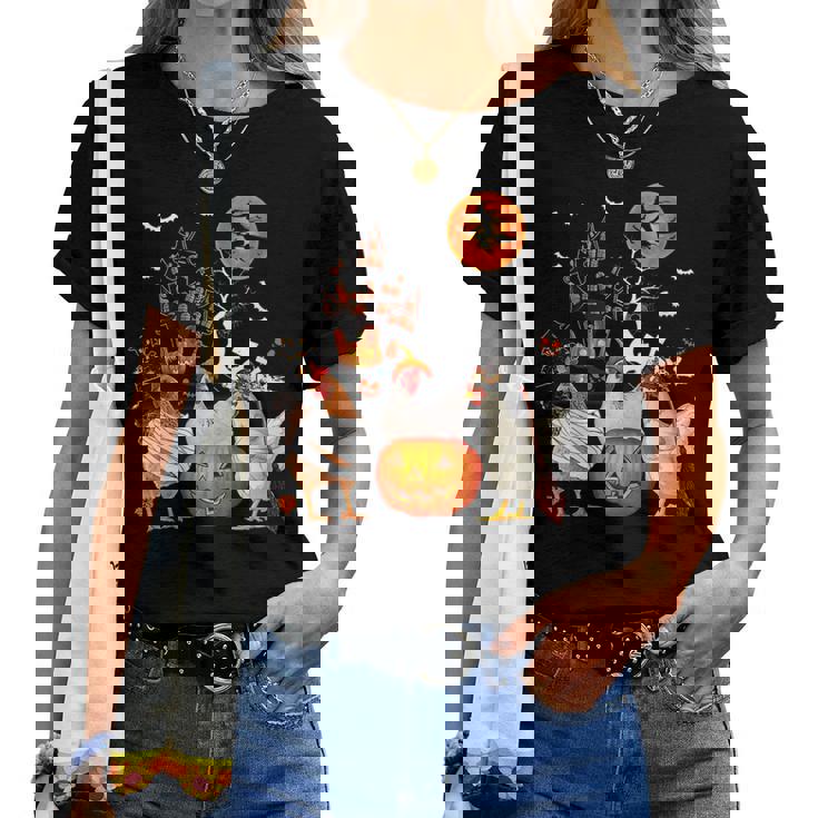 Three Chickens Halloween Mummy Scary Witch With Pumpkins Women T-shirt