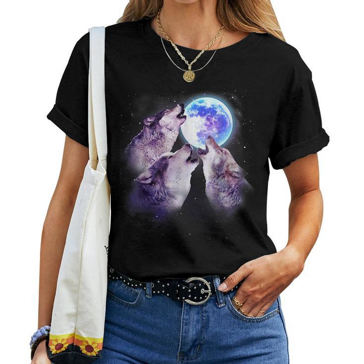 Three Grey Wolf Howling At The Moon 3 Wolves Space Galaxy Women T-shirt