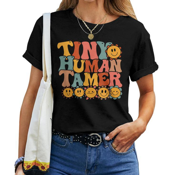 Tiny Human Tamer Retro Groovy Preschool Kindergarten Teacher Women T-shirt