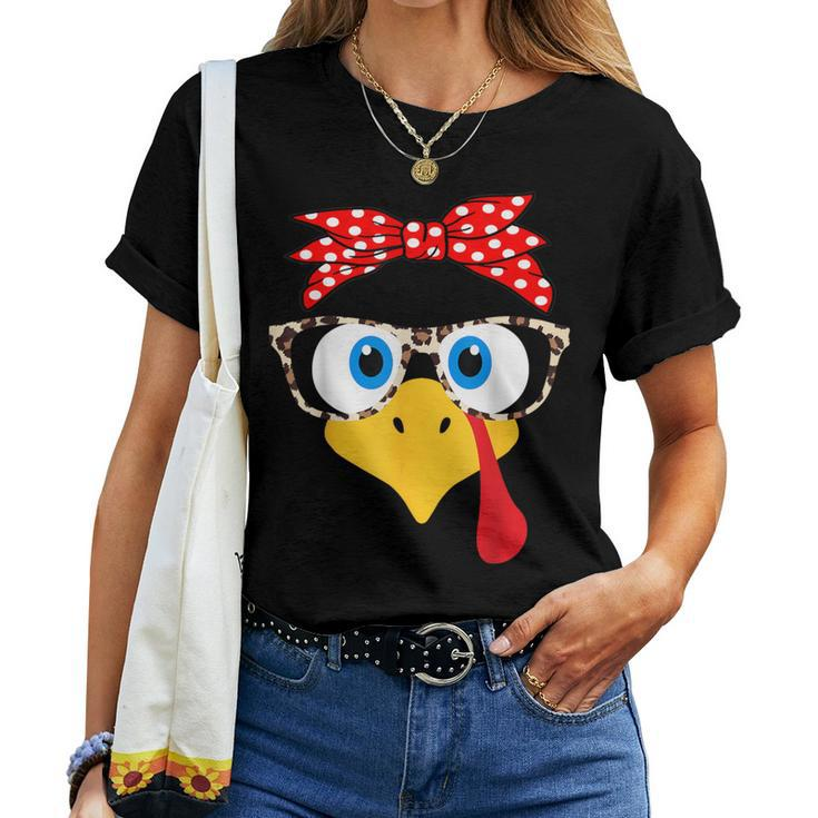 Turkey Face Leopard Print Glasses Thanksgiving Girl Women T-shirt