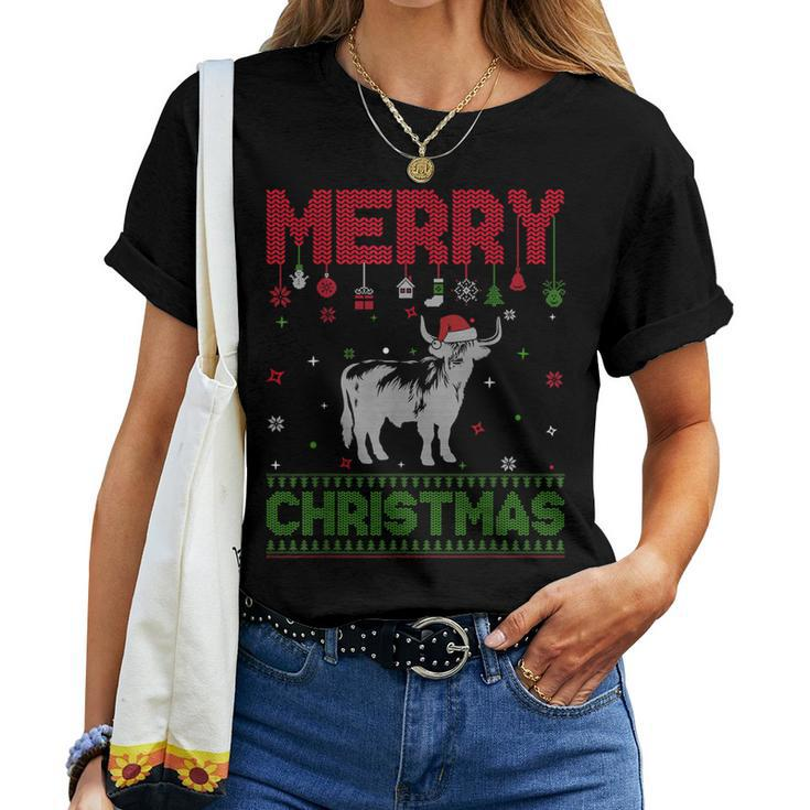 Ugly Holiday Sweater Christmas Highland Cow Graphic Women T-shirt