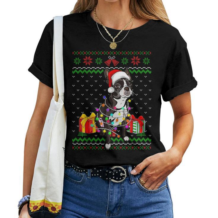 Ugly Sweater Christmas Lights Boston Terrier Dog Lover Women T-shirt