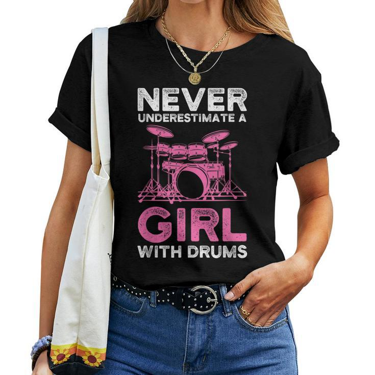 Never Underestimate A Girl With Drums Funny Girls Drummer Women T-shirt