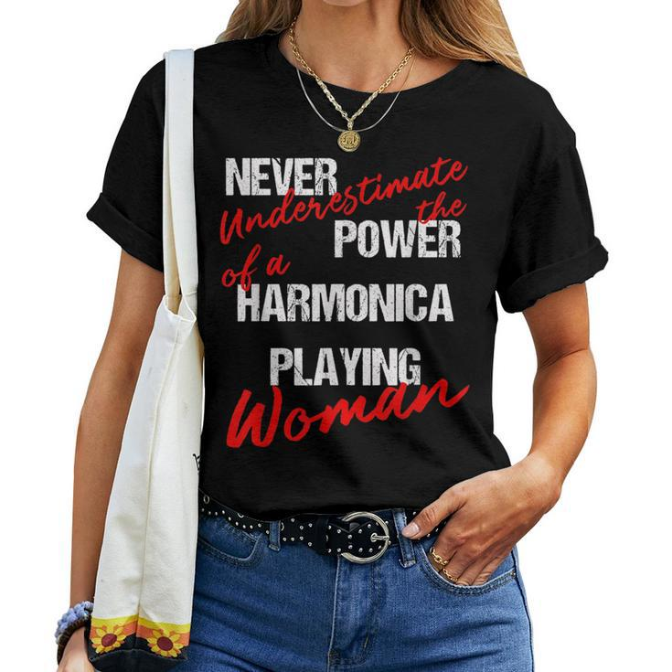 Never Underestimate The Power Of A Harmonica Playing Woman Women T-shirt