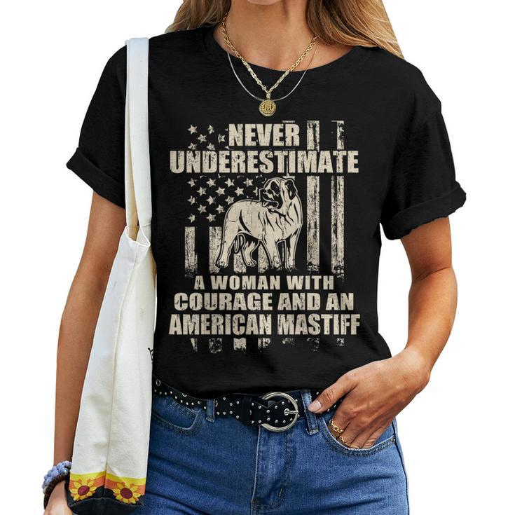 Never Underestimate Woman And An American Mastiff Usa Flag Women T-shirt