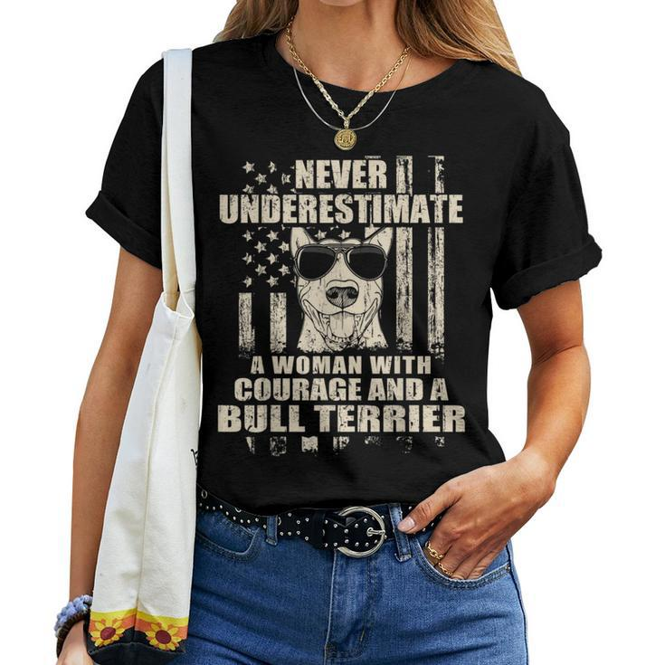Never Underestimate Woman And A Bull Terrier Usa Flag Women T-shirt