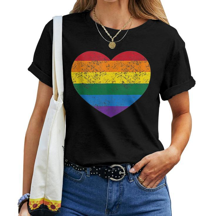 Vintage Distressed Gay Pride Lgbt Rainbow Flag Heart Women T-shirt