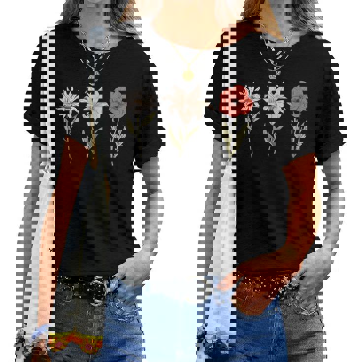 tシャツ drawing flower T レディース Vintage Flower Drawing Lily Poppy Daisy Women T-shirt | Mazezy