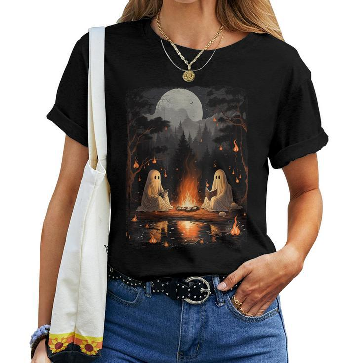 Vintage Ghost Book Reading Camping Gothic Halloween Teachers Women T-shirt