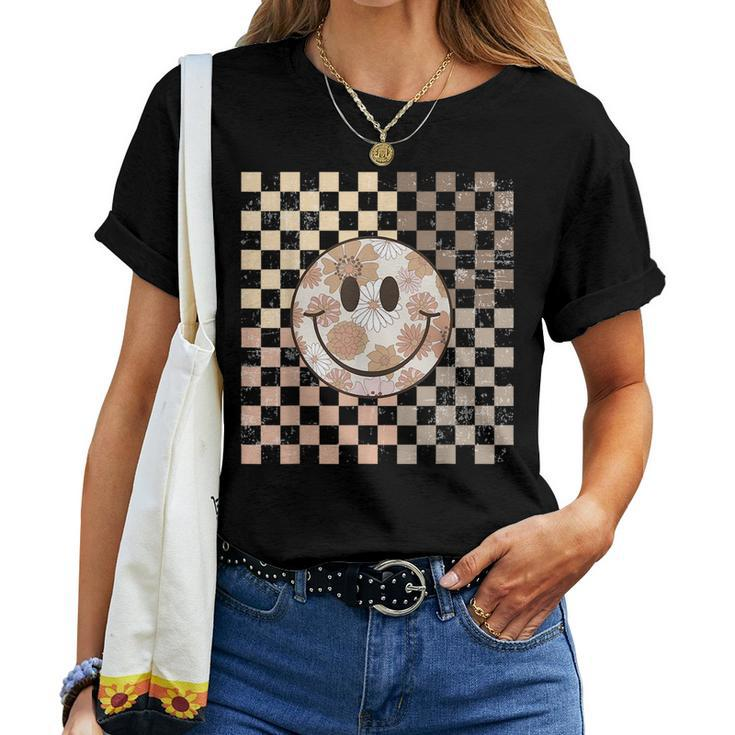 Vintage Hippie 60S 70S Smile Face Flower Retro Checkered  Women T-shirt Crewneck Short Sleeve Graphic