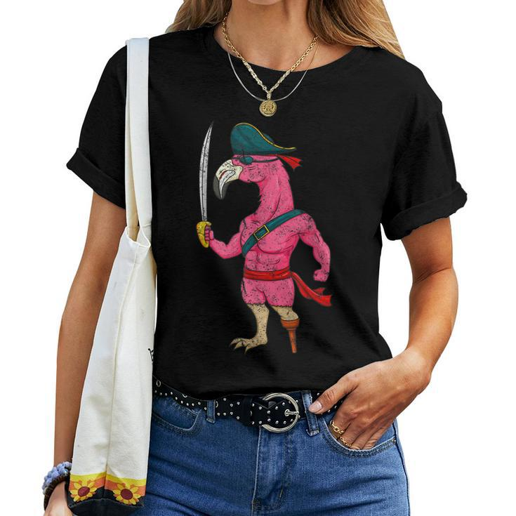 Vintage Pirate Pink Flamingo With Sword Halloween Costume Women T-shirt