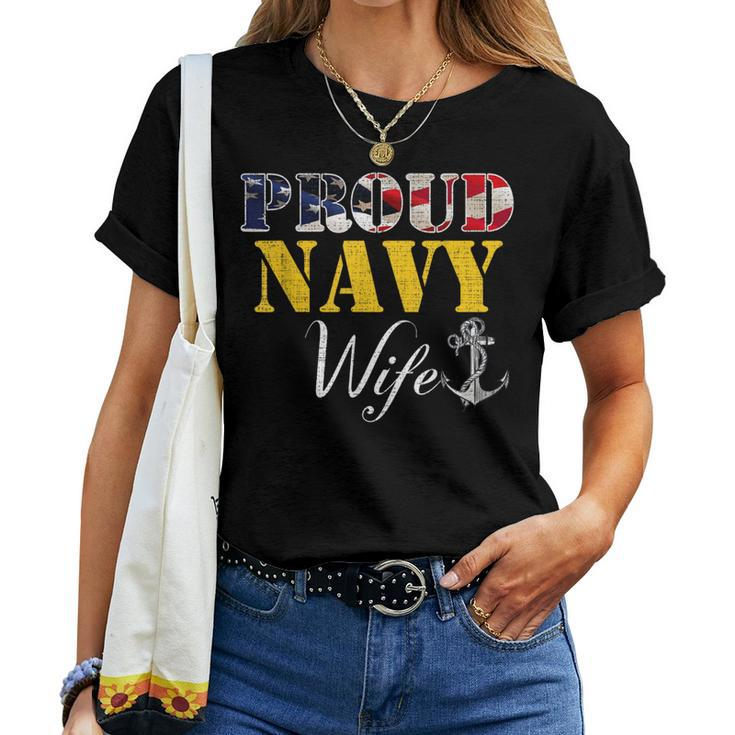 Vintage Proud Navy With American Flag For Wife Women T-shirt