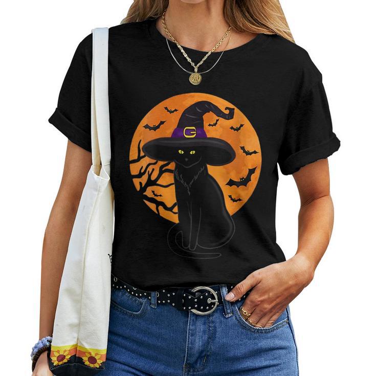 Vintage Scary Halloween Black Cat Costume Witch Hat & Moon Women T ...