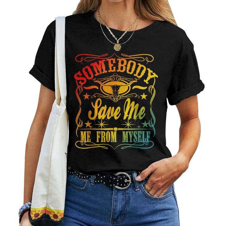 Vintage Somebody Save Me Me From Myself Retro Floral Skull Women T-shirt
