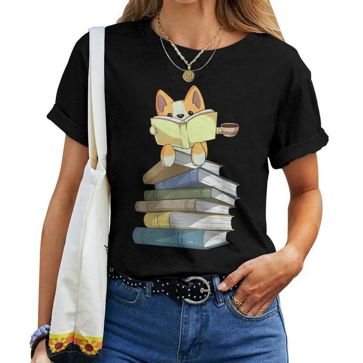 Welsh Corgi Books Coffee Coffee Dog & Reading Lover Women T-shirt