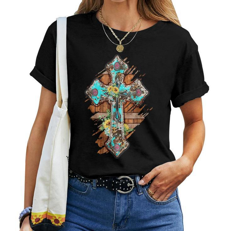 Western Boho Christian Turquoise Leopard Faith Cross Jesus Faith Women T-shirt
