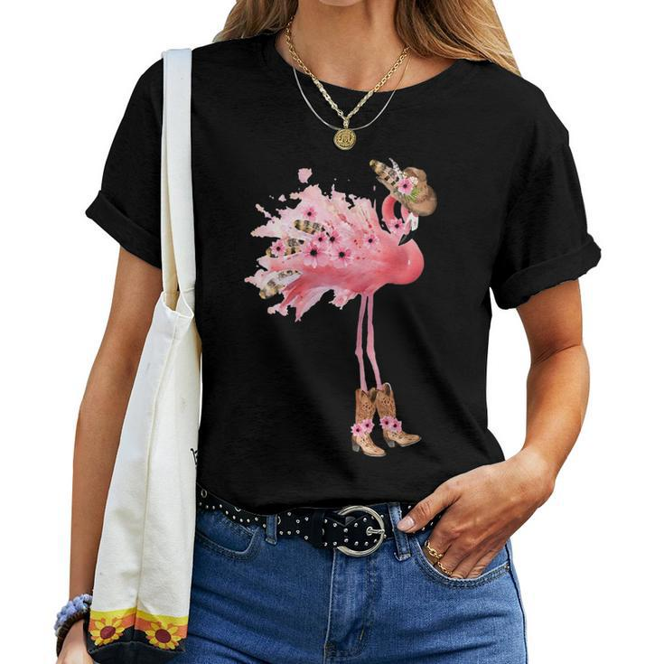 Western Boho Cowgirl Flamingo Print Women T-shirt
