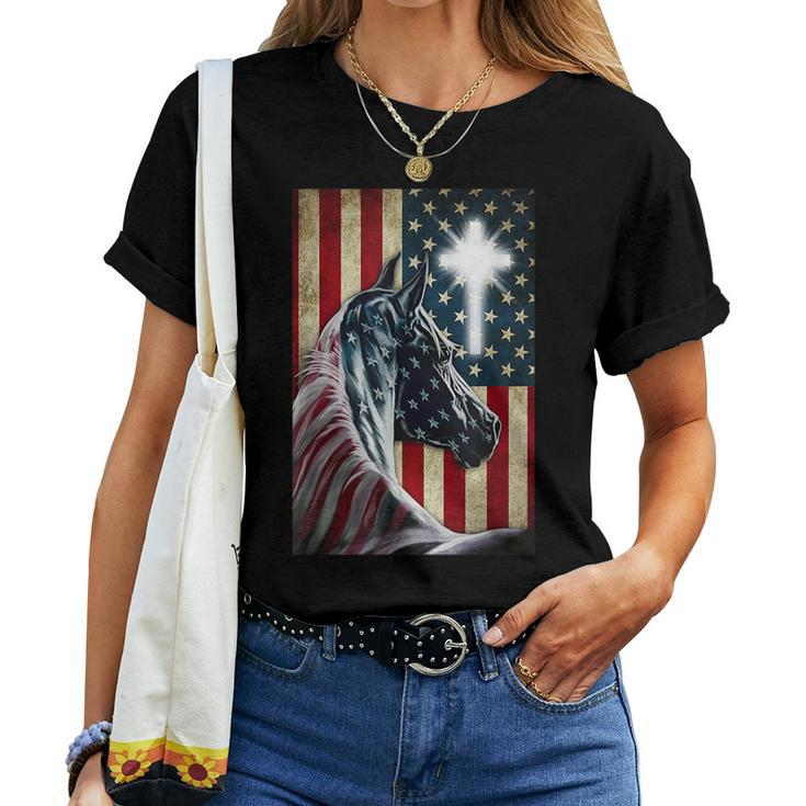 Western Cowboy Cowgirl Patriot Horse Jesus Cross Usa Flag Women T-shirt