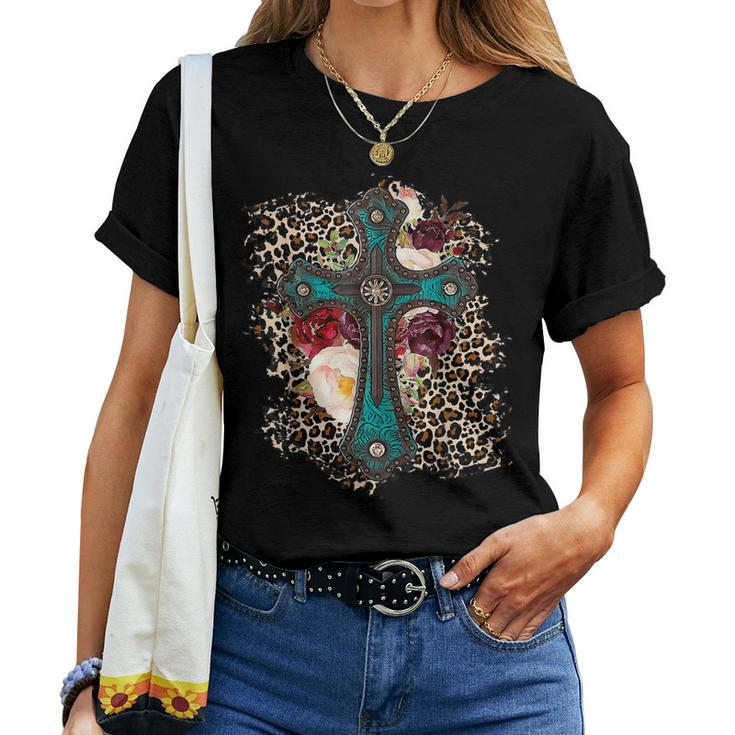 Western Leopard Flowers Cross Christian Cowgirl Women T-shirt