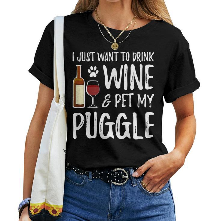 Wine And Puggle Dog Mom Or Dog Dad Idea Women T-shirt