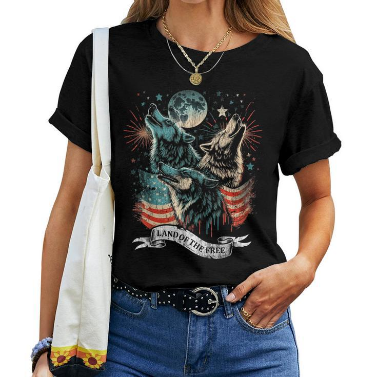 Wolf 4Th Of July American Flag Howling America Moon Funny  Women T-shirt Crewneck Short Sleeve Graphic