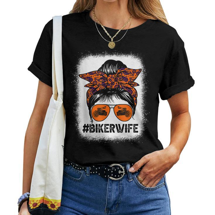 Women Messy Bun Biker Wife Motorcycles Lover Bleached Women T-shirt
