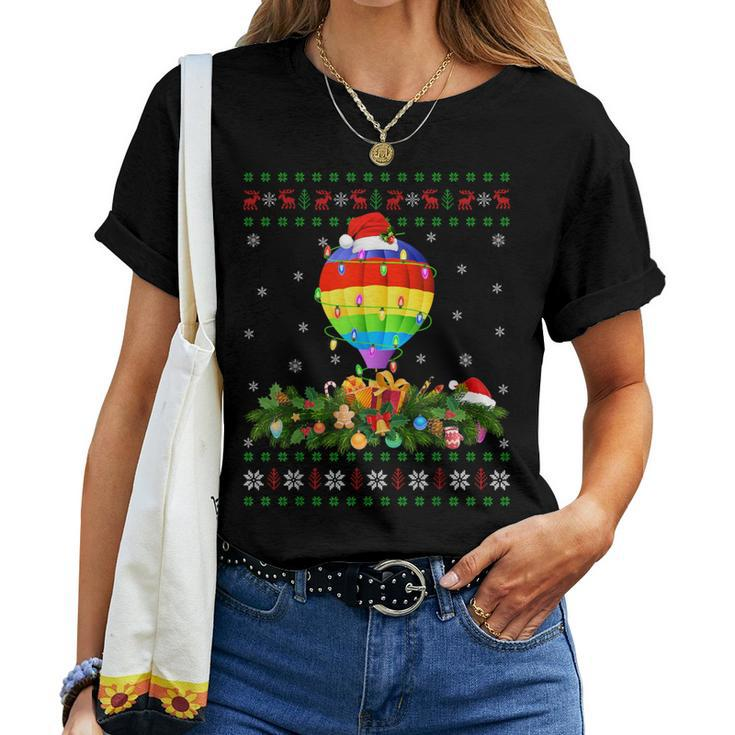 Xmas Lighting Tree Santa Ugly Hot Air Balloon Christmas Women T-shirt