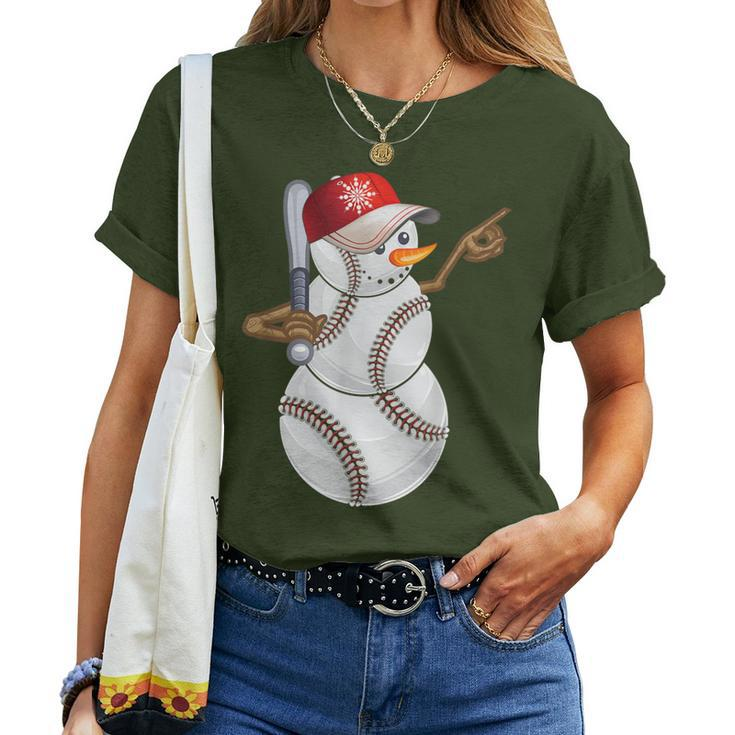Baseball Snowman Balls Baseball Hat Snow Christmas Women Women T-shirt