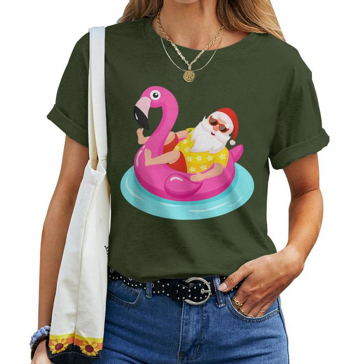 Christmas In July Santa Relaxing On A Flamingo Float Women T-shirt