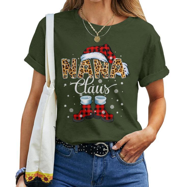 Christmas Nana Claus Leopard Buffalo Plaid Pajama Xmas Women T-shirt
