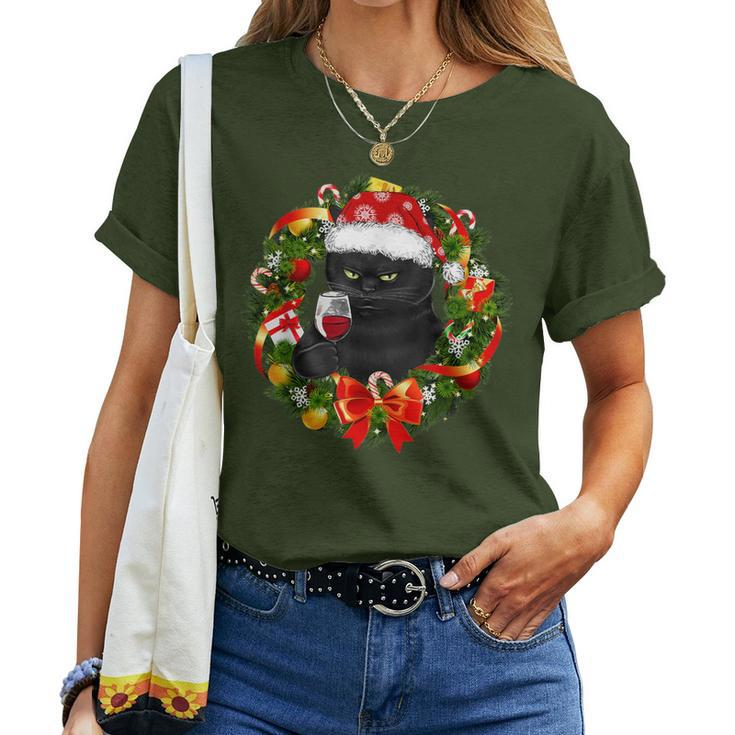 Black Cat And Wine Christmas Wreath Ornament Women T-shirt